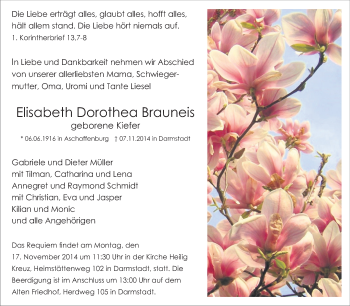 Traueranzeige von Elisabeth Dorothea Brauneis von Echo-Zeitungen (Gesamtausgabe)