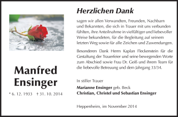 Traueranzeige von Manfred Ensinger von Starkenburger Echo