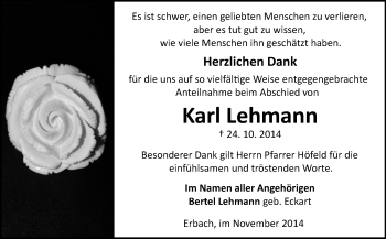 Traueranzeige von Karl Lehmann von Odenwälder Echo