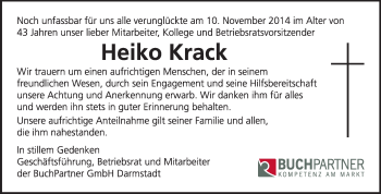 Traueranzeige von Heiko Krack von Echo-Zeitungen (Gesamtausgabe)