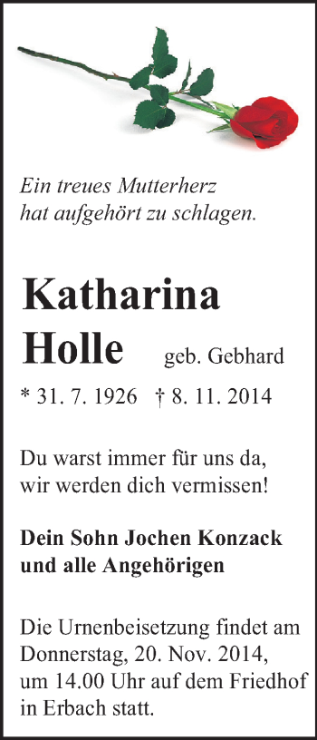 Traueranzeige von Katharina Holle von Odenwälder Echo