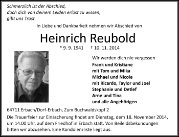 Traueranzeige von Heinrich Reubold von Starkenburger Echo