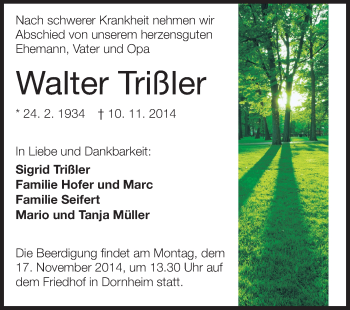 Traueranzeige von Walter Trißler von Rüsselsheimer Echo, Groß-Gerauer-Echo, Ried Echo