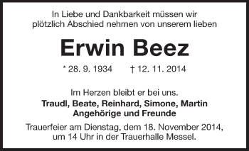 Traueranzeige von Erwin Beez von Echo-Zeitungen (Gesamtausgabe)