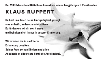 Traueranzeige von Klaus Ruppert von Rüsselsheimer Echo, Groß-Gerauer-Echo, Ried Echo