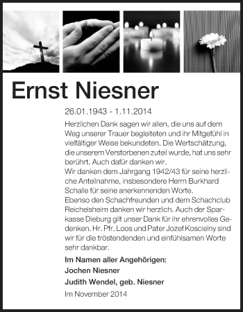Traueranzeige von Ernst Niesner von Echo-Zeitungen (Gesamtausgabe)