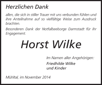 Traueranzeige von Horst Wilke von Echo-Zeitungen (Gesamtausgabe)