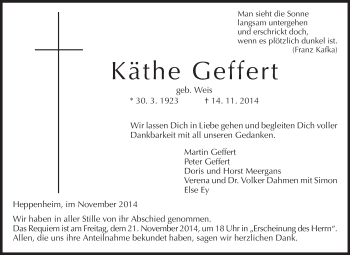 Traueranzeige von Käthe Geffert von Starkenburger Echo