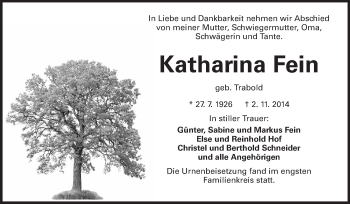 Traueranzeige von Katharina Fein von Rüsselsheimer Echo, Groß-Gerauer-Echo, Ried Echo