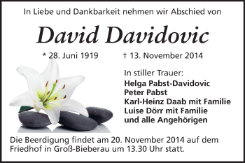Traueranzeige von David Davidovic von Echo-Zeitungen (Gesamtausgabe)
