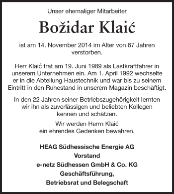 Traueranzeige von Bozidar Klaic von Echo-Zeitungen (Gesamtausgabe)