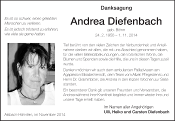 Traueranzeige von Andrea Diefenbach von Echo-Zeitungen (Gesamtausgabe)