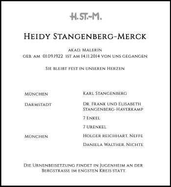 Traueranzeige von Heidy Stangenberg-Merck von Echo-Zeitungen (Gesamtausgabe)