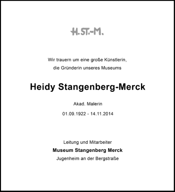 Traueranzeige von Heidy Stangenberg-Merck von Echo-Zeitungen (Gesamtausgabe)