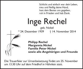 Traueranzeige von Inge Rechel von Echo-Zeitungen (Gesamtausgabe)