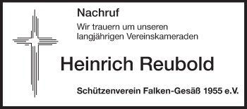 Traueranzeige von Heinrich Reubold von Odenwälder Echo