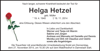 Traueranzeige von Helga Hetzel von Echo-Zeitungen (Gesamtausgabe)
