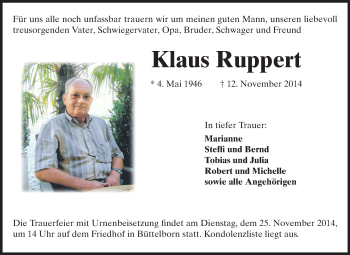 Traueranzeige von Klaus Ruppert von Rüsselsheimer Echo, Groß-Gerauer-Echo, Ried Echo