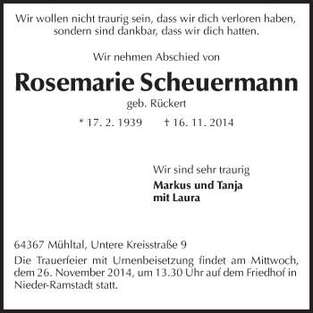 Traueranzeige von Rosemarie Scheuermann von Echo-Zeitungen (Gesamtausgabe)