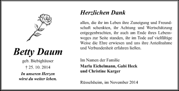 Traueranzeige von Betty Daum von Rüsselsheimer Echo, Groß-Gerauer-Echo, Ried Echo