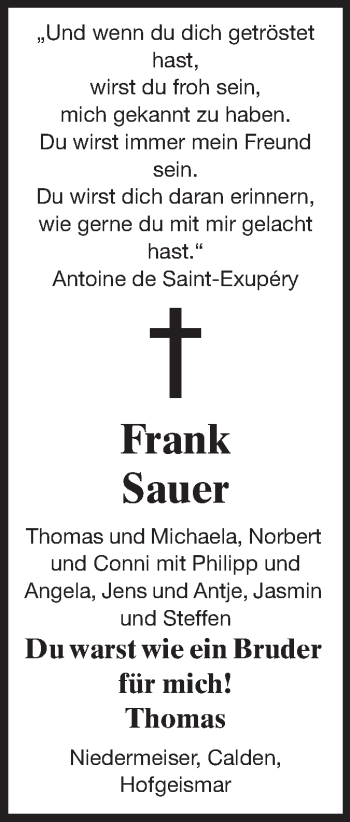 Traueranzeige von Frank Sauer von Rüsselsheimer Echo, Groß-Gerauer-Echo, Ried Echo