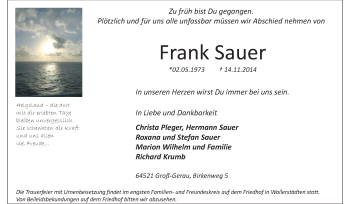 Traueranzeige von Frank Sauer von Rüsselsheimer Echo, Groß-Gerauer-Echo, Ried Echo