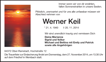 Traueranzeige von Werner Keil von Echo-Zeitungen (Gesamtausgabe)