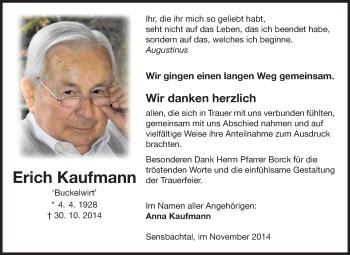 Traueranzeige von Erich Kaufmann von Odenwälder Echo