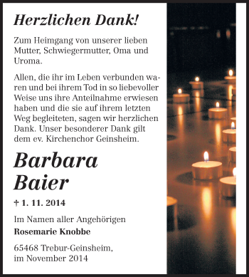 Traueranzeige von Barbara Baier von Rüsselsheimer Echo, Groß-Gerauer-Echo, Ried Echo