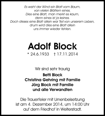Traueranzeige von Adolf Block von Echo-Zeitungen (Gesamtausgabe)