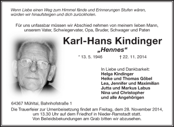 Traueranzeige von Karl-Hans Kindinger von Echo-Zeitungen (Gesamtausgabe)