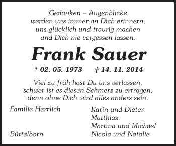 Traueranzeige von Frank Sauer von Rüsselsheimer Echo, Groß-Gerauer-Echo, Ried Echo