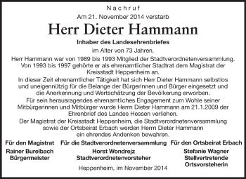 Traueranzeige von Dieter Hammann von Starkenburger Echo