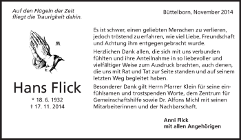 Traueranzeige von Hans Flick von Rüsselsheimer Echo, Groß-Gerauer-Echo, Ried Echo