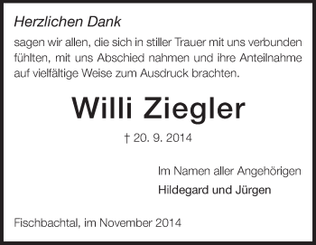 Traueranzeige von Willi Ziegler von Echo-Zeitungen (Gesamtausgabe)