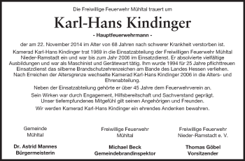 Traueranzeige von Karl-Hans Kindinger von Darmstädter Echo, Odenwälder Echo, Rüsselsheimer Echo, Groß-Gerauer-Echo, Ried Echo