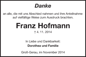 Traueranzeige von Franz Hofmann von Rüsselsheimer Echo, Groß-Gerauer-Echo, Ried Echo