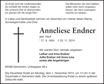 Traueranzeige von Anneliese Endner von Rüsselsheimer Echo, Groß-Gerauer-Echo, Ried Echo