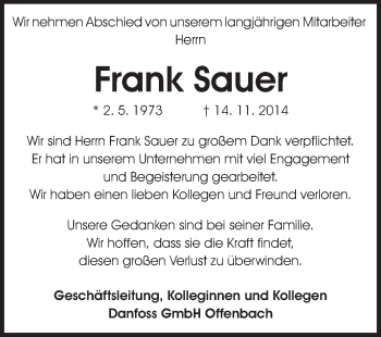 Traueranzeige von Frank Sauer von Rüsselsheimer Echo, Groß-Gerauer-Echo, Ried Echo