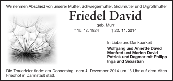 Traueranzeige von Friedel David von Echo-Zeitungen (Gesamtausgabe)
