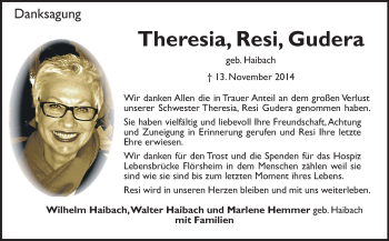 Traueranzeige von Theresia Resi Gudera von Rüsselsheimer Echo, Groß-Gerauer-Echo, Ried Echo