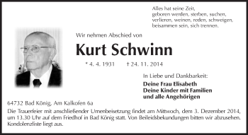 Traueranzeige von Kurt Schwinn  von Odenwälder Echo
