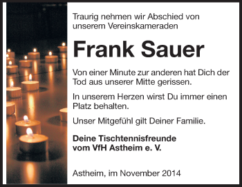 Traueranzeige von Frank Sauer von Rüsselsheimer Echo, Groß-Gerauer-Echo, Ried Echo