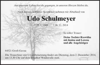 Traueranzeige von Udo Schulmeyer von Rüsselsheimer Echo, Groß-Gerauer-Echo, Ried Echo