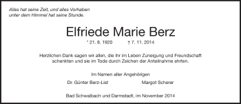 Traueranzeige von Elfriede Marie Berz von Echo-Zeitungen (Gesamtausgabe)