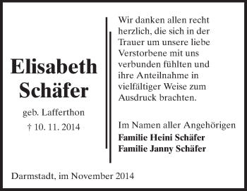 Traueranzeige von Elisabeth Schäfer von Echo-Zeitungen (Gesamtausgabe)