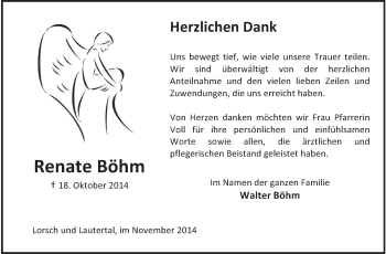 Traueranzeige von Renate Böhm von Starkenburger Echo, Bergsträßer Anzeiger