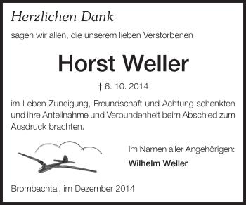 Traueranzeige von Horst Weller von Odenwälder Echo