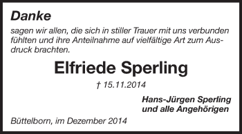 Traueranzeige von Elfriede Sperling von Rüsselsheimer Echo, Groß-Gerauer-Echo, Ried Echo