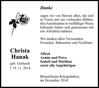 Traueranzeige von Christa Hanak von Rüsselsheimer Echo, Groß-Gerauer-Echo, Ried Echo